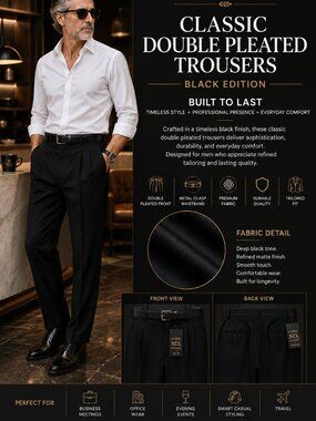 NEW- N/X - 38" X 32" BLACK COLOR -Double Pleated-Classic Fit